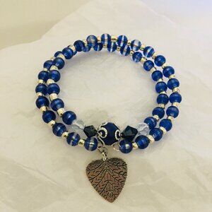 Elegant Navy & Silver Beaded Bracelet – With Tree of Life Heart Charm